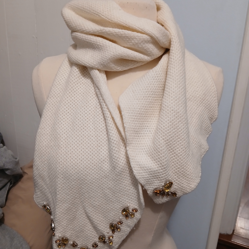 Lauren Ralph Lauren Cream Scarf with Gold,pearl,Amber Embellishments